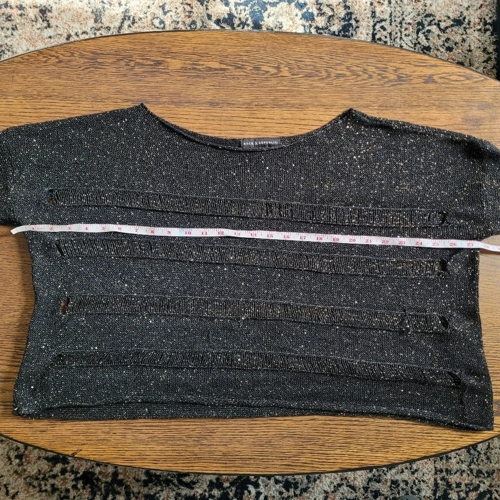 Rock & Republic Black Metallic Distressed Knit Cut out Sweater Size Womens L/XL